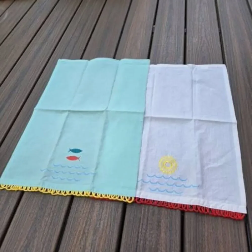 Sun & Sea Waves style tea kitchen towels cotton white teal red fish